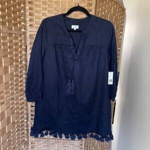 NEW NWT crown & ivy Navy Linen Tassle Pom Pom Tunic Coverup Summer Navy sz. M